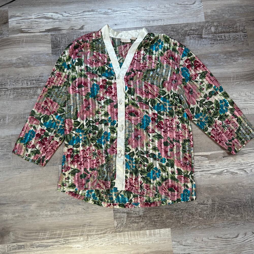 Vintage 90s Victoria's Secret Floral Sheer Longline Satin Trim Robe Blouse L